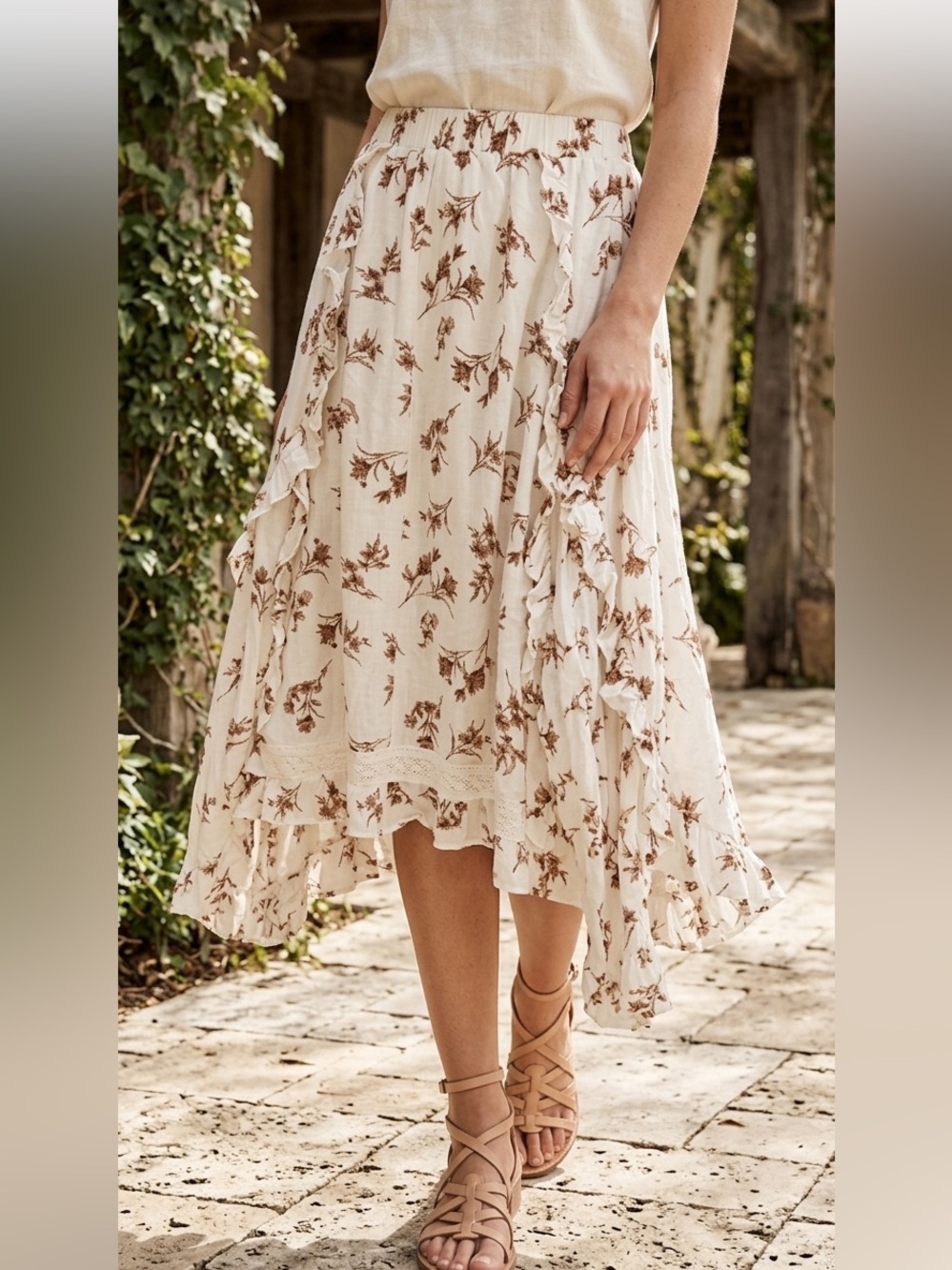 BaeVely Floral Ruffle Midi Skirt Boho Asymmetrical Elastic Waist S